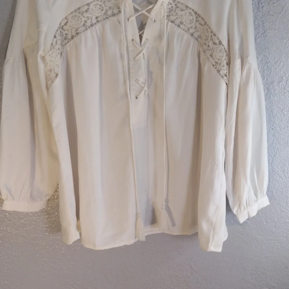 Cream Peasant Puff Sleeve Lace up Front Top Oversized XS